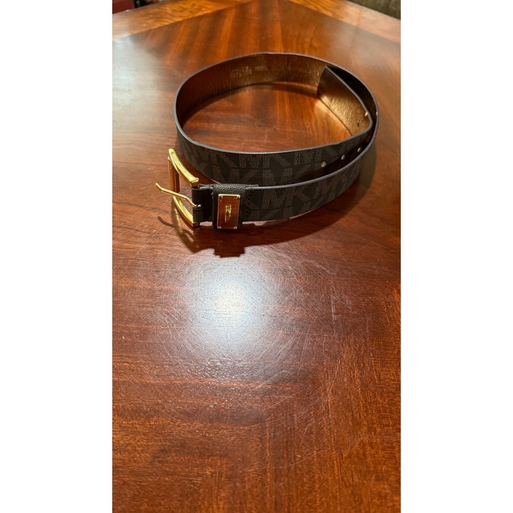 Michael Kors MK Logo Belt Womens Medium Brown Gold Buckle Signature Monogram